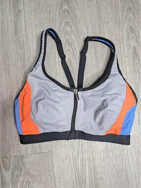 Victoria Sport Sports Bra Womens 32C Gray Orange Blue Zip Front Mesh Racerback